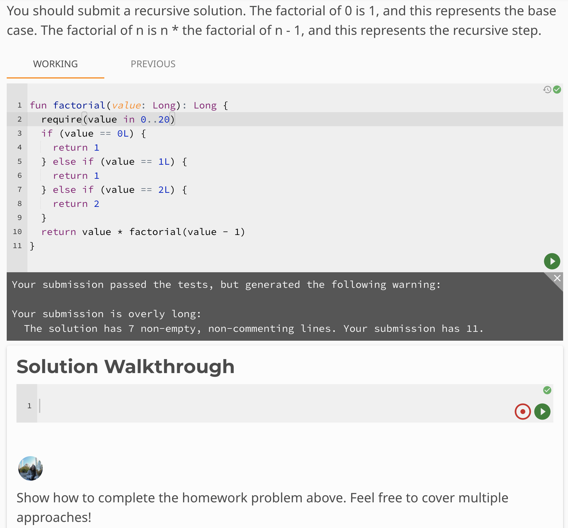 Screenshot showing homework problem and solution walkthrough