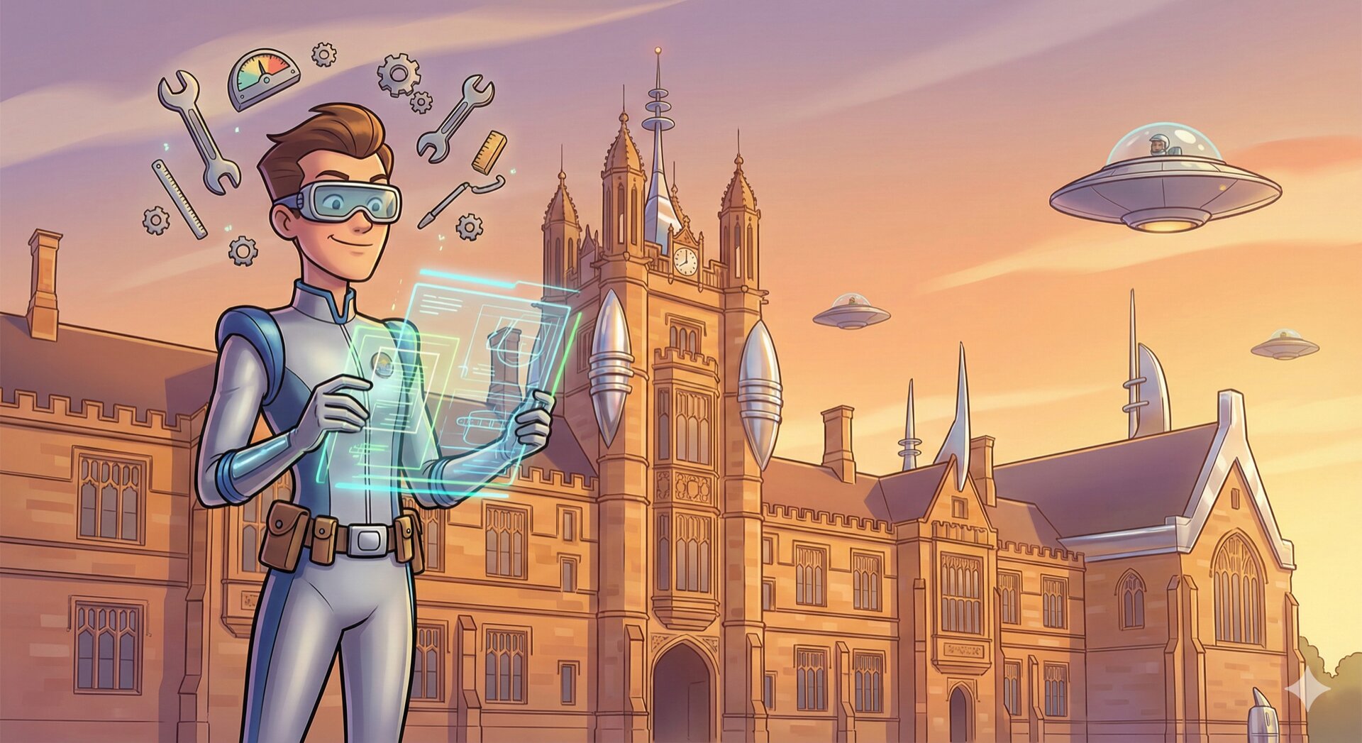 Retro-futuristic illustration of an engineer with goggles and holographic tablet in front of the University of Sydney, with flying saucers overhead