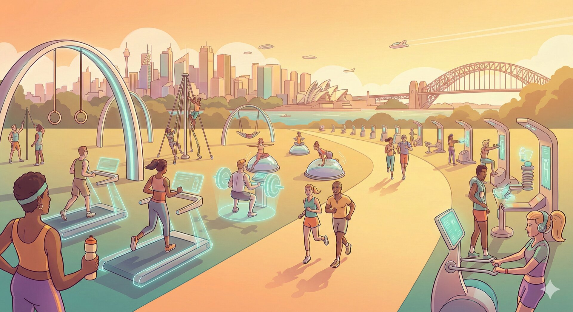 Students exercising at a futuristic outdoor gym along Sydney Harbour