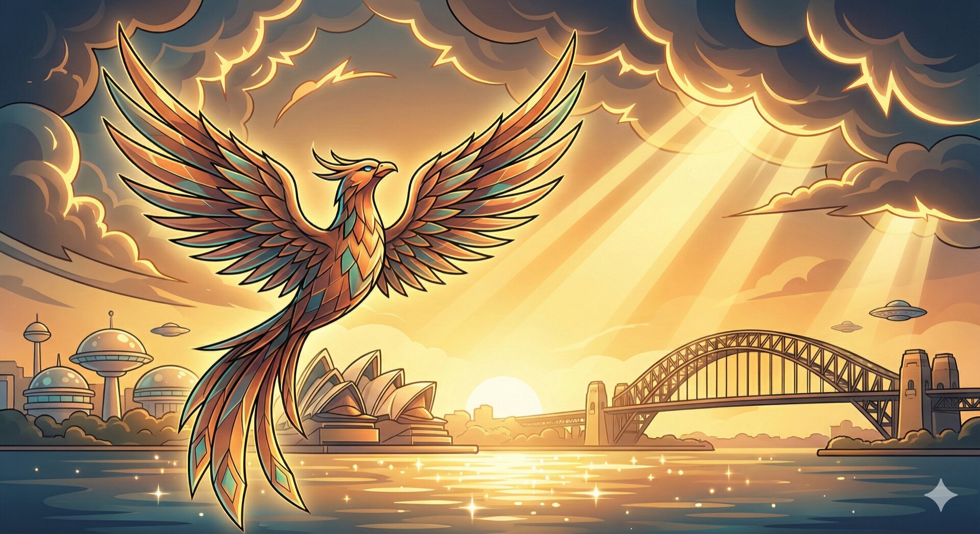 Phoenix rising over Sydney Harbour with the Opera House and Harbour Bridge