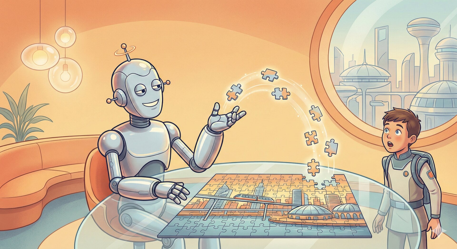 A robot completing a jigsaw puzzle while a surprised student watches