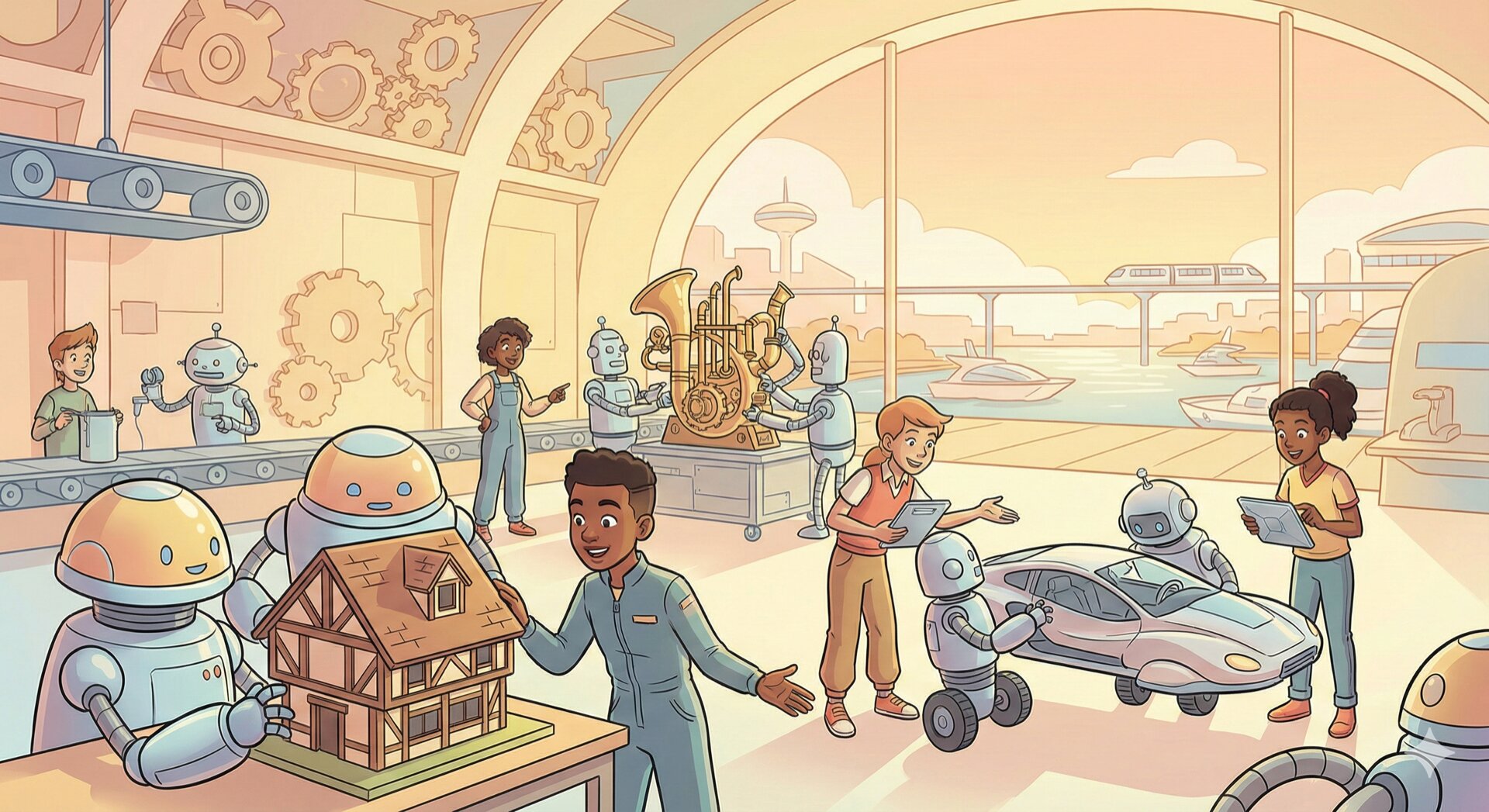 Students directing robots to build projects in a workshop