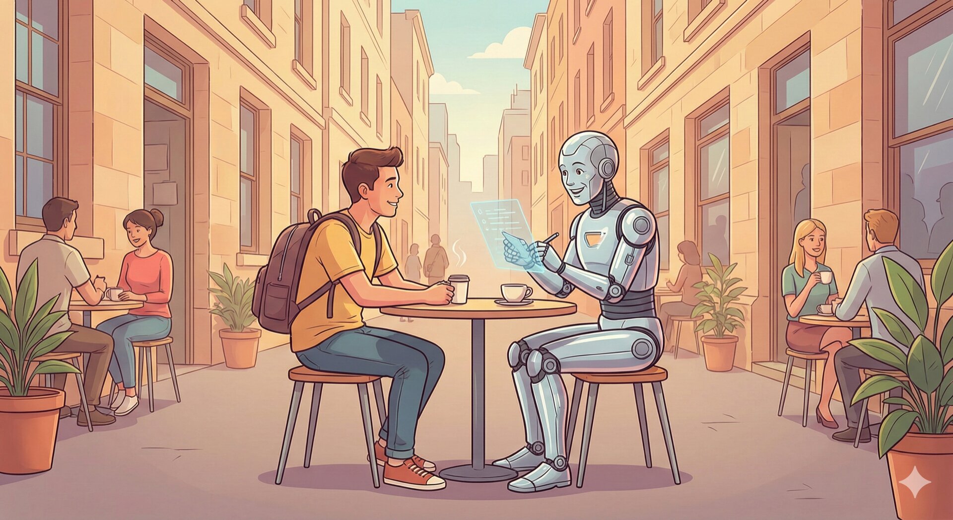 A student and a robot chatting at a cafe table on a city street