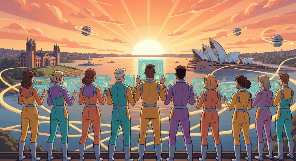 Educators looking out at a sunset over Sydney Harbour with holographic displays