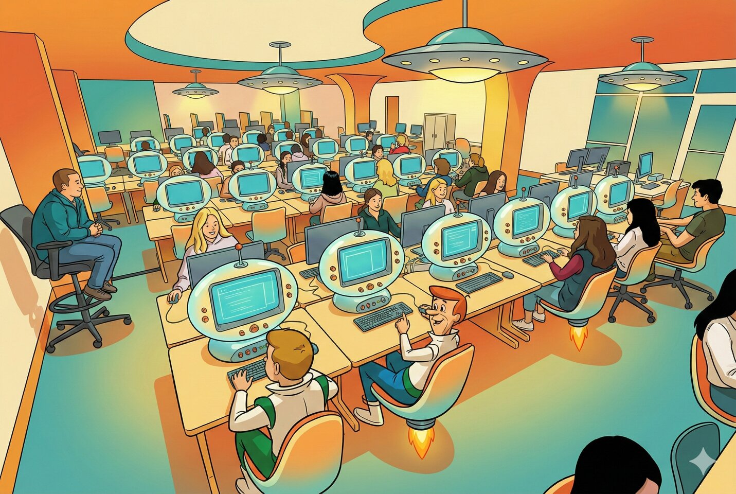 Students taking exams on retro-futuristic computers in a supervised testing lab