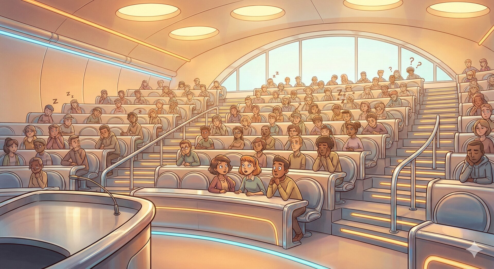 Large lecture hall filled with students, some sleeping or distracted