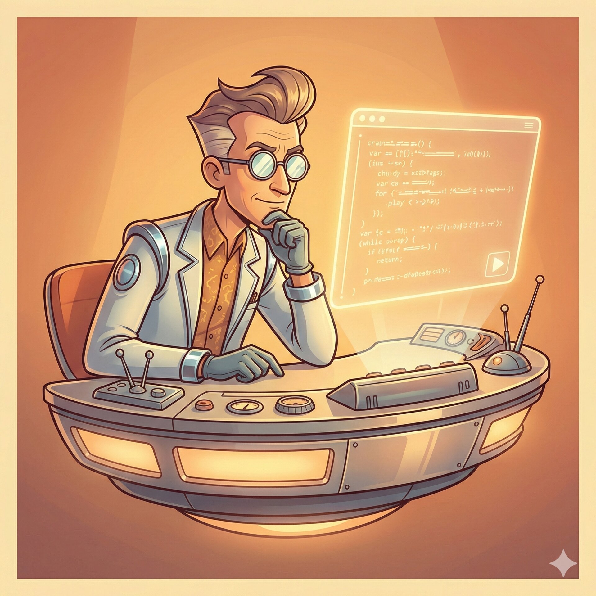 Instructor pondering code on a holographic screen