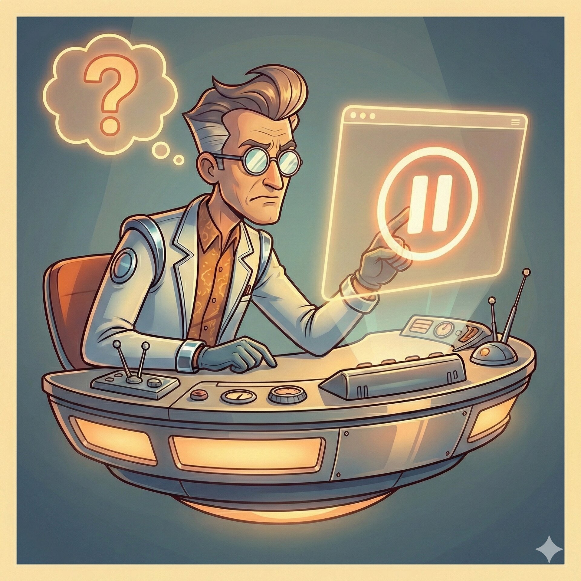 Instructor confused, pressing pause on the screen