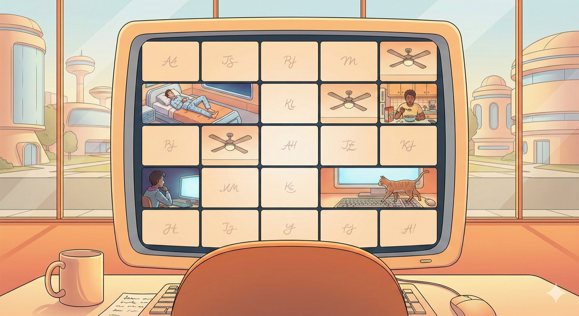 Zoom lecture grid view with most students showing blank screens or ceiling fans