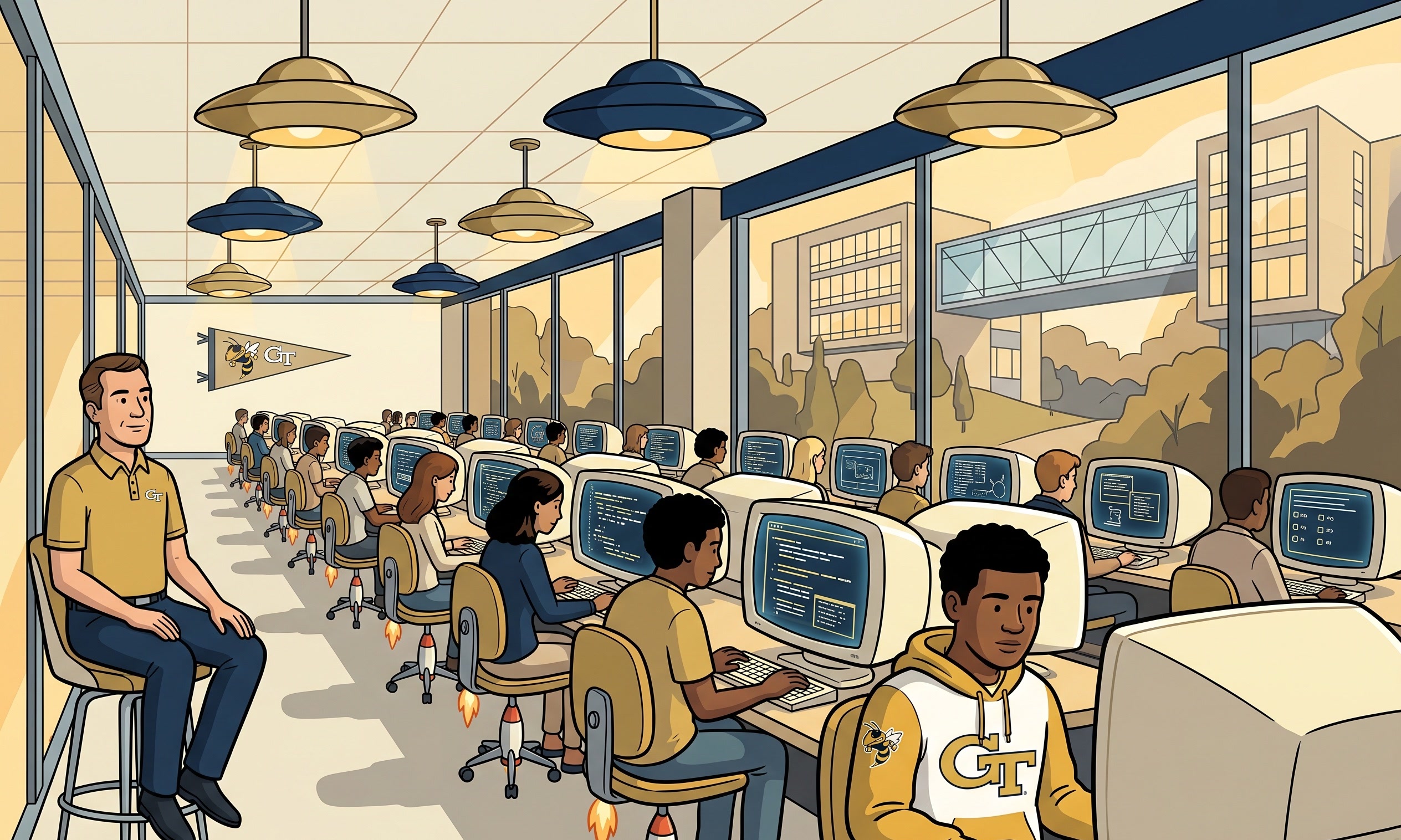 Students taking exams on retro-futuristic computers in a supervised testing lab