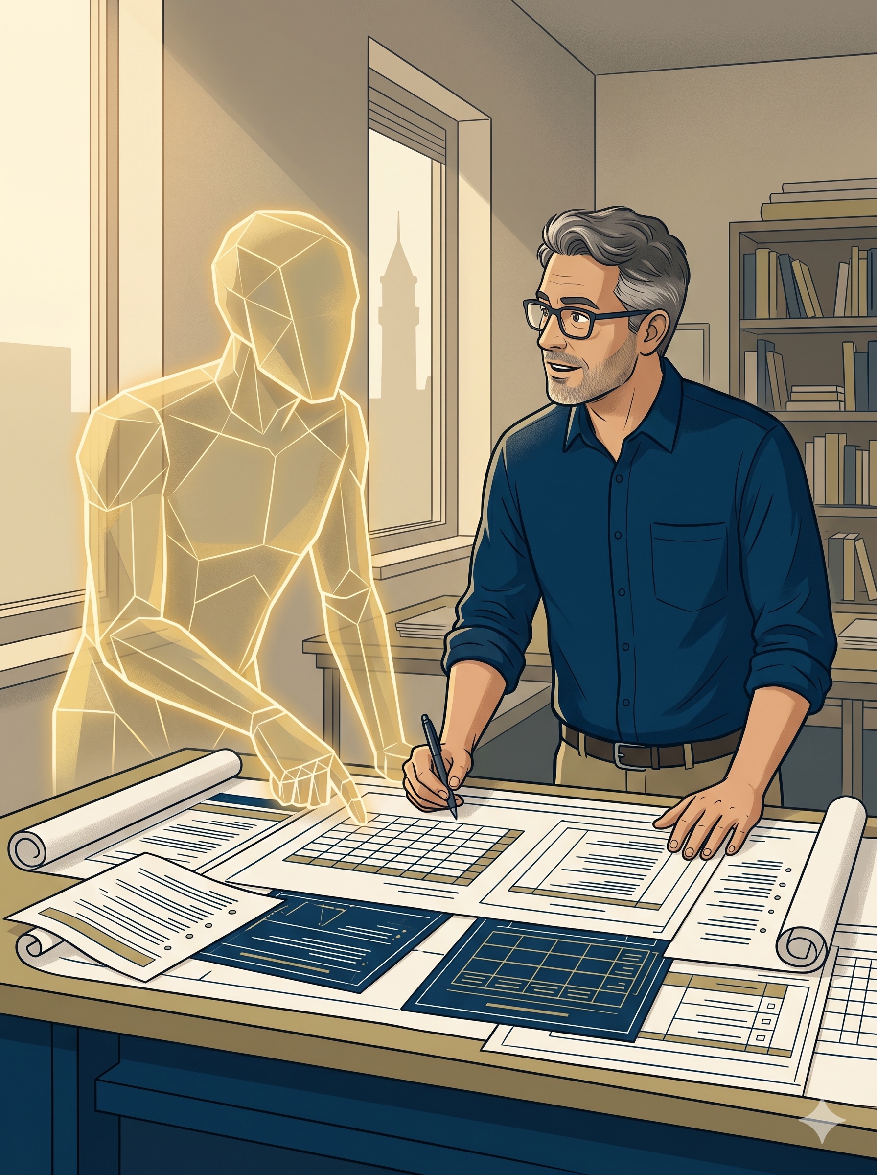 Professor consulting with a gold-glowing AI entity over architectural blueprints of course documents