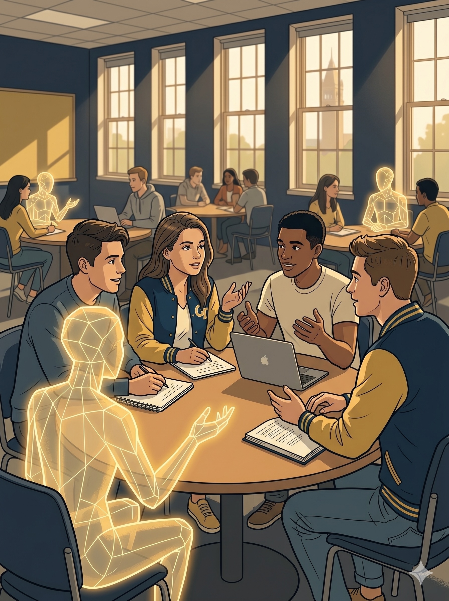 Four Georgia Tech students in animated small-group conversation with a translucent gold-glowing AI agent positioned just outside their circle, facilitating rather than dominating