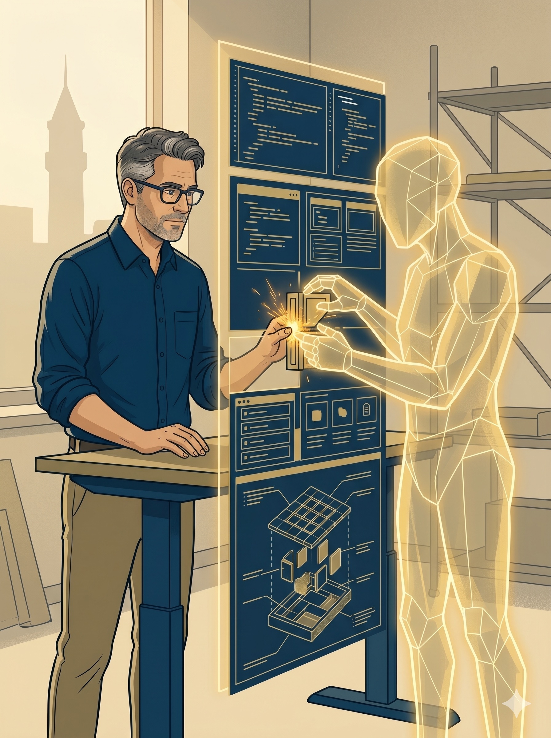 Professor building a glowing course platform alongside a gold-glowing AI entity