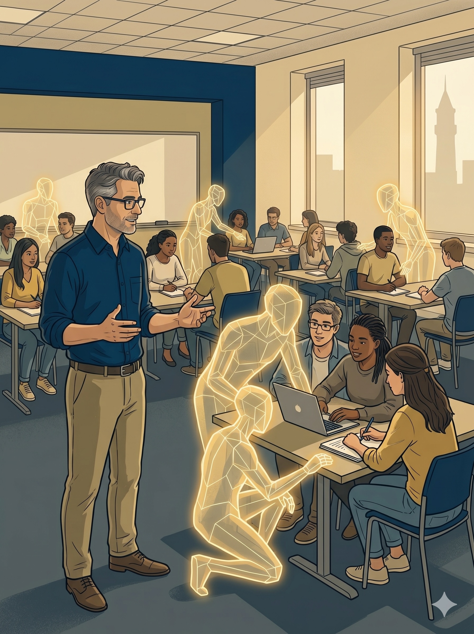 Professor teaching a classroom with a dozen gold-glowing AI agents helping individual students