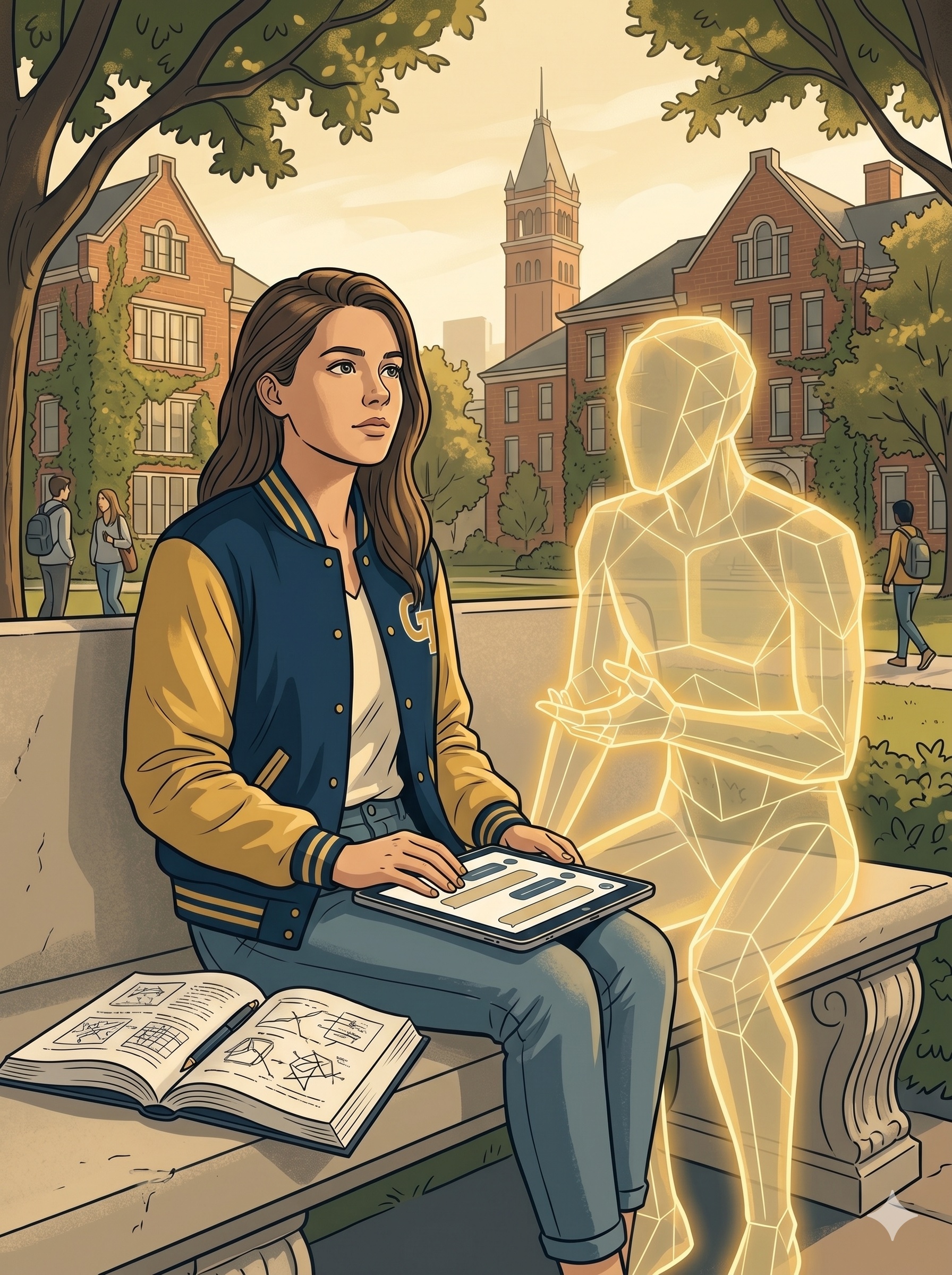 A Georgia Tech student on a campus bench working through a reading in conversation with a translucent gold-glowing AI agent