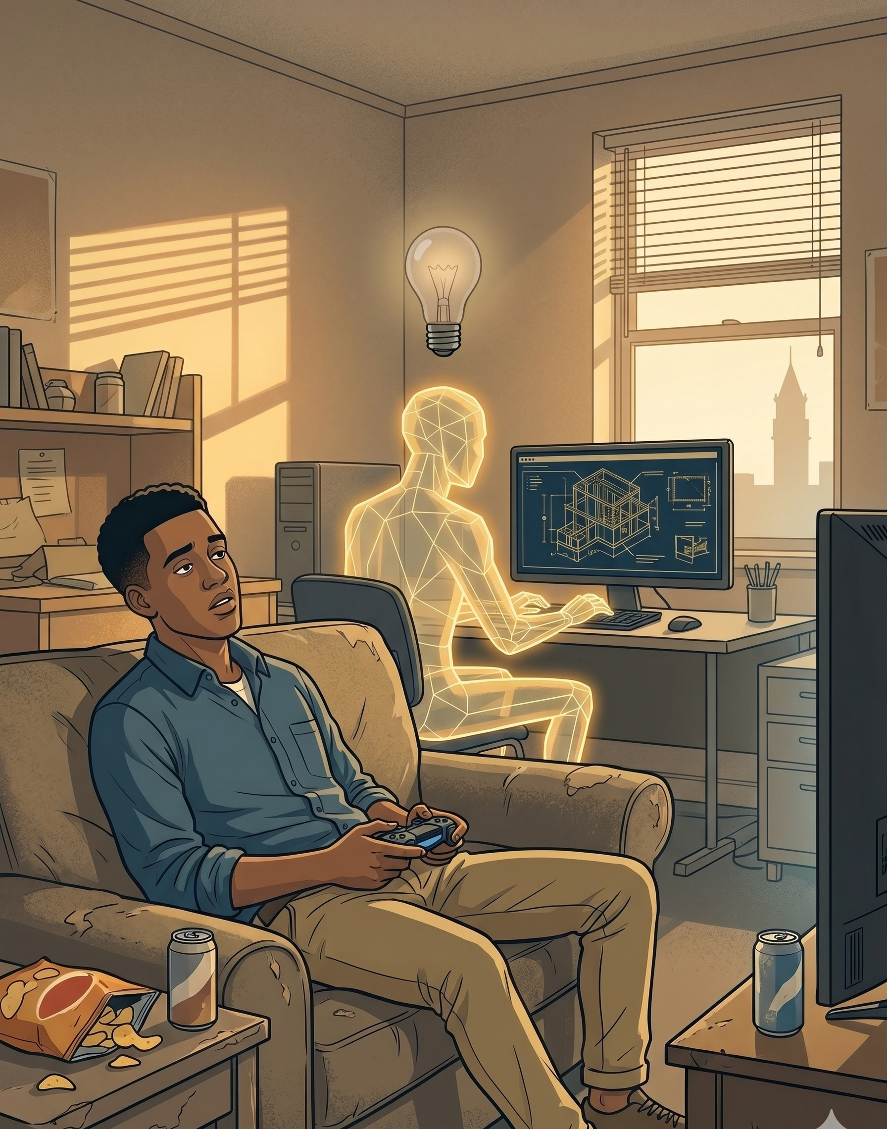A student slumps on a couch with a game controller while a gold-faceted AI entity works alone at a desk computer behind them
