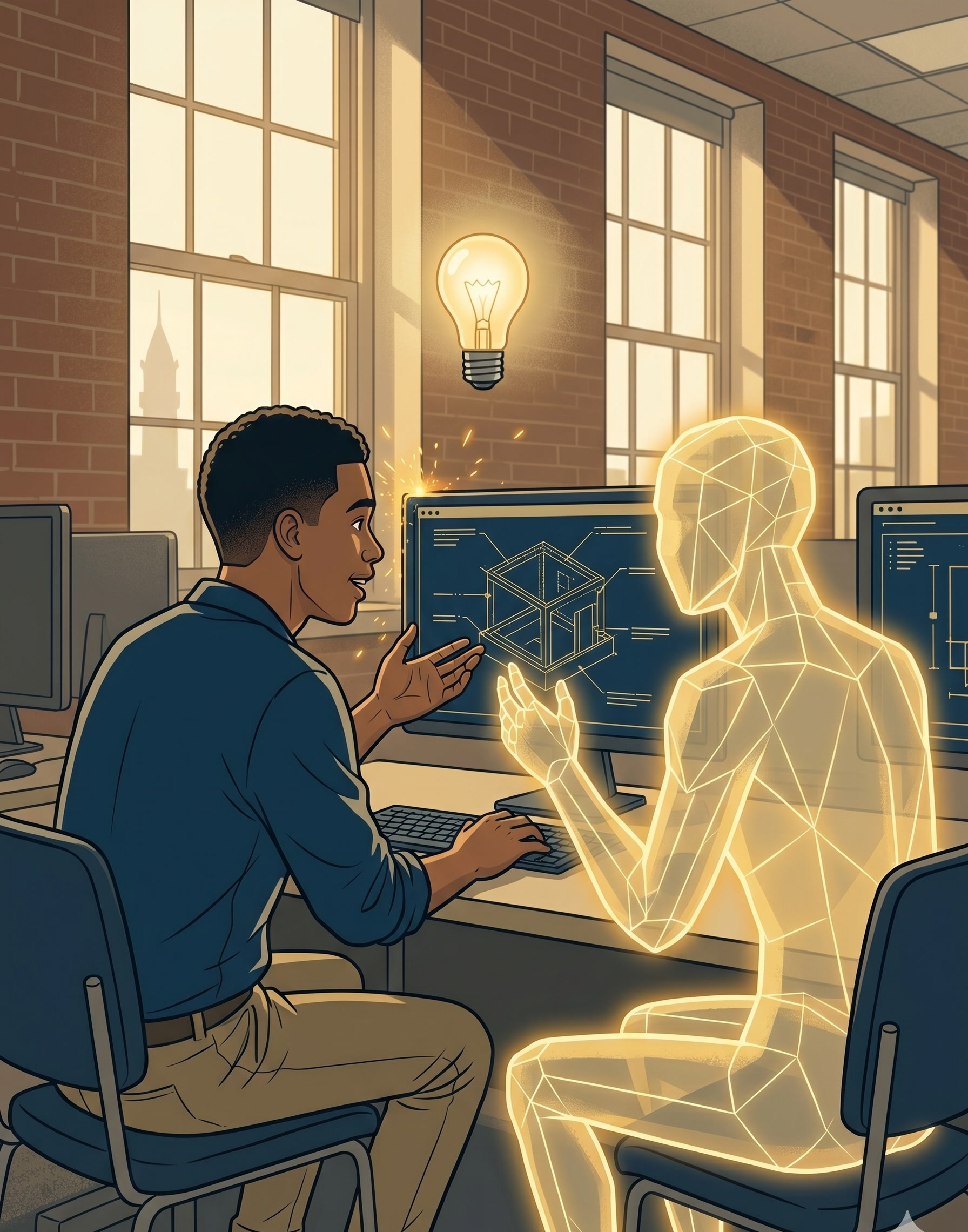 A student and a gold-faceted AI entity lean into the same computer screen together, animated and engaged