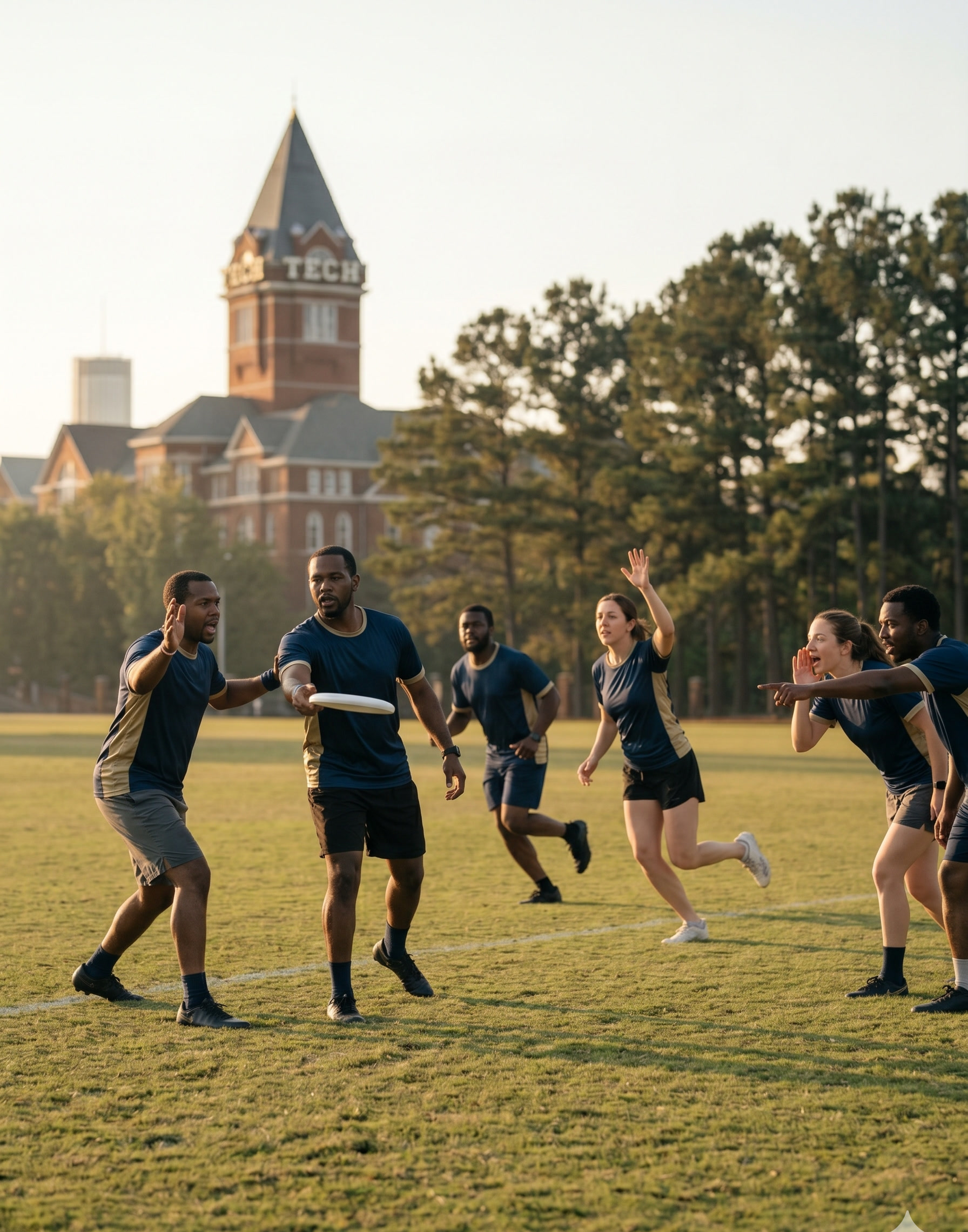 An ultimate frisbee handler throws downfield as cutters run and sideline teammates call directions, Tech Tower in the distance