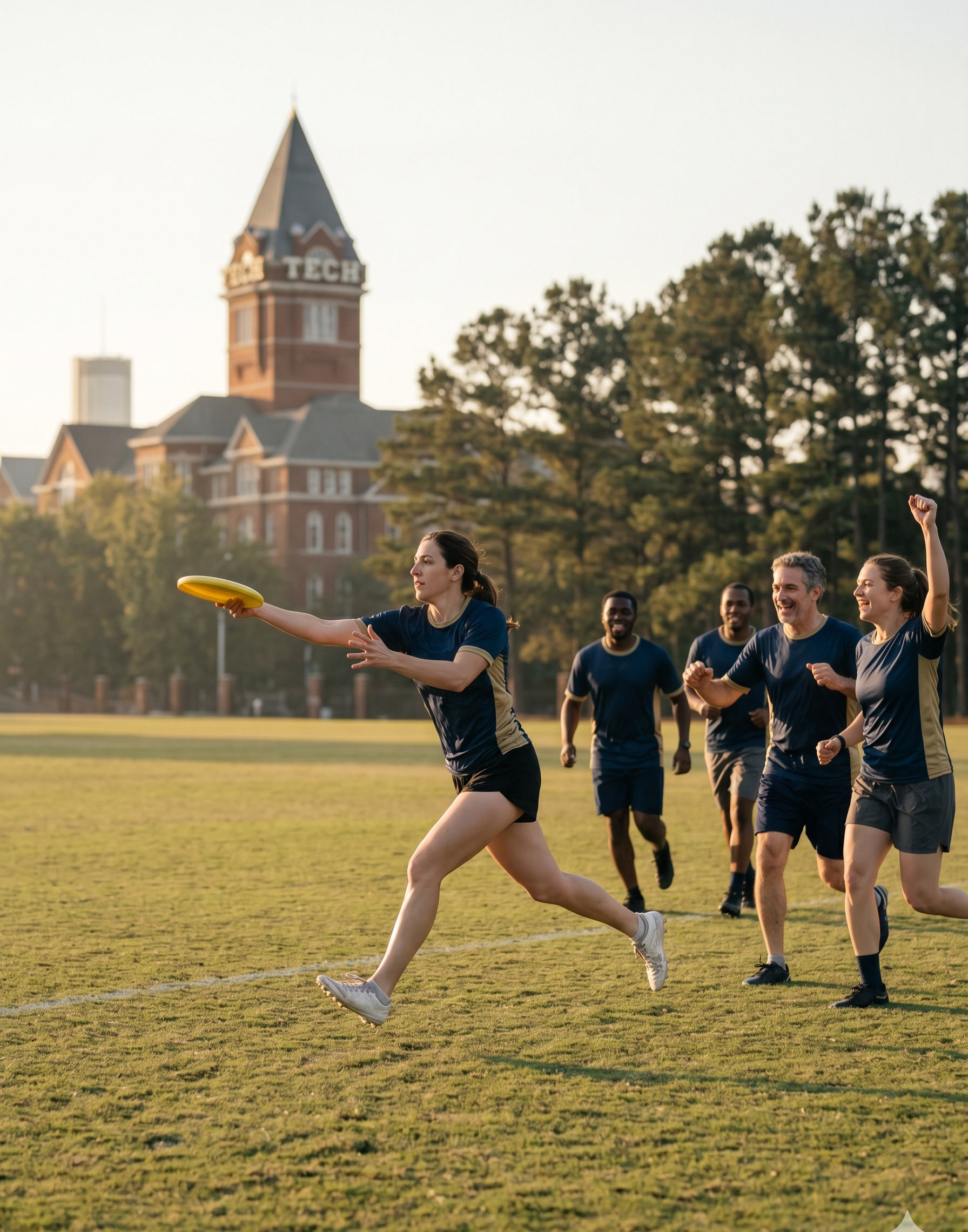An ultimate frisbee receiver catches the disc in the end zone as teammates run in to celebrate, Tech Tower in the distance
