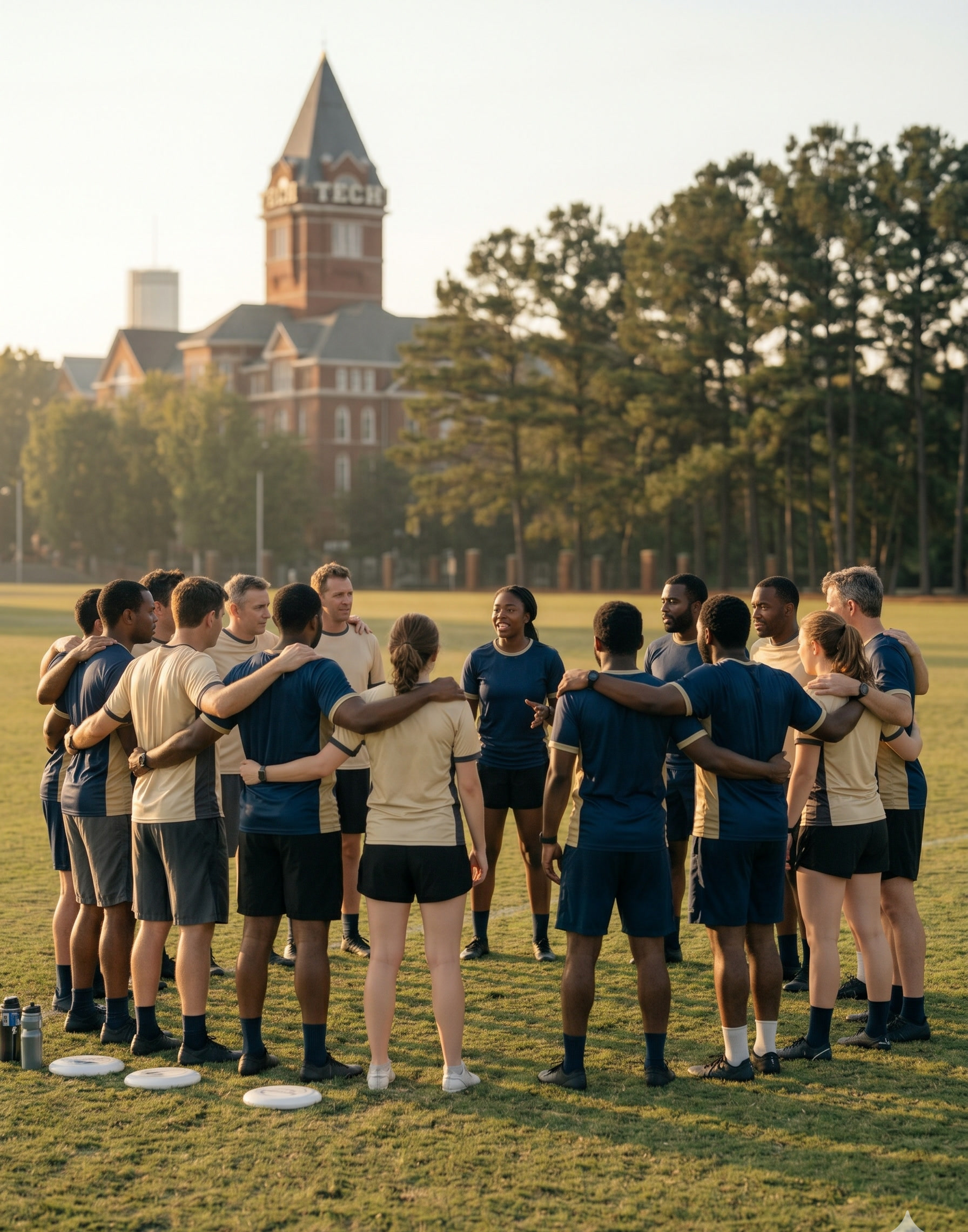 Two ultimate frisbee teams stand together in a mixed spirit circle after a game, arms over shoulders, Tech Tower in the distance