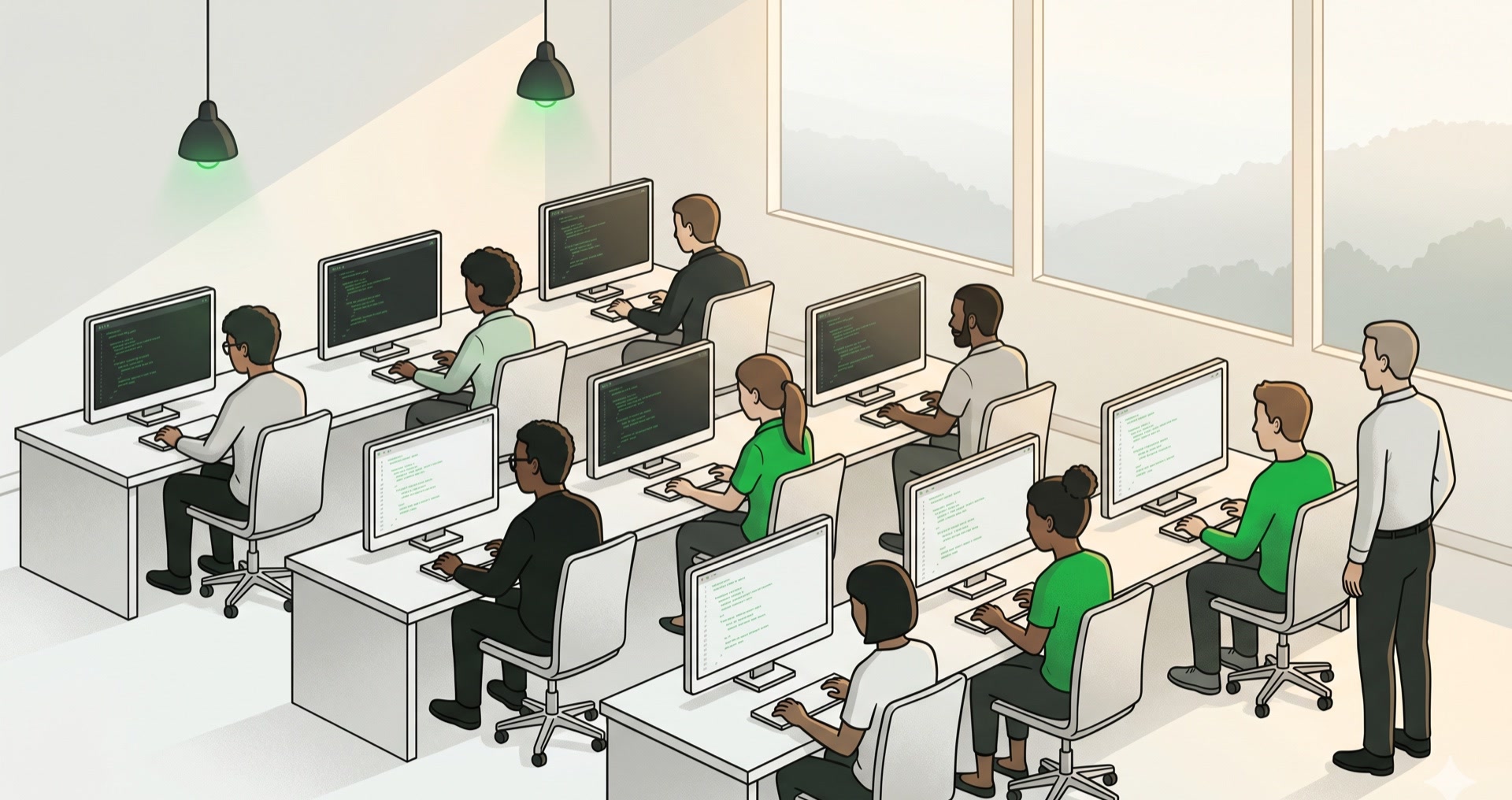 Students taking exams on retro-futuristic computers in a supervised testing lab