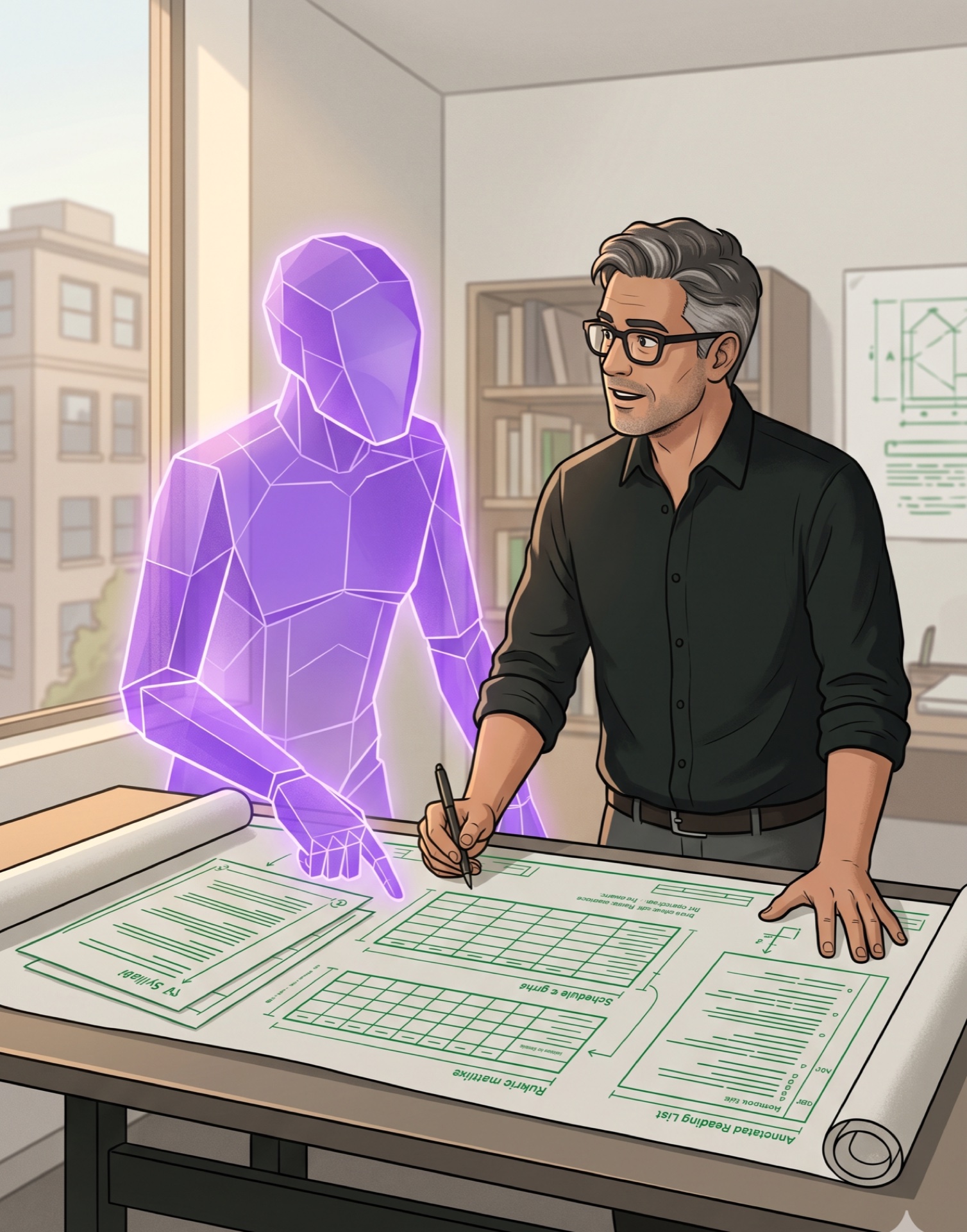 Professor consulting with a purple-glowing AI entity over architectural blueprints of course documents