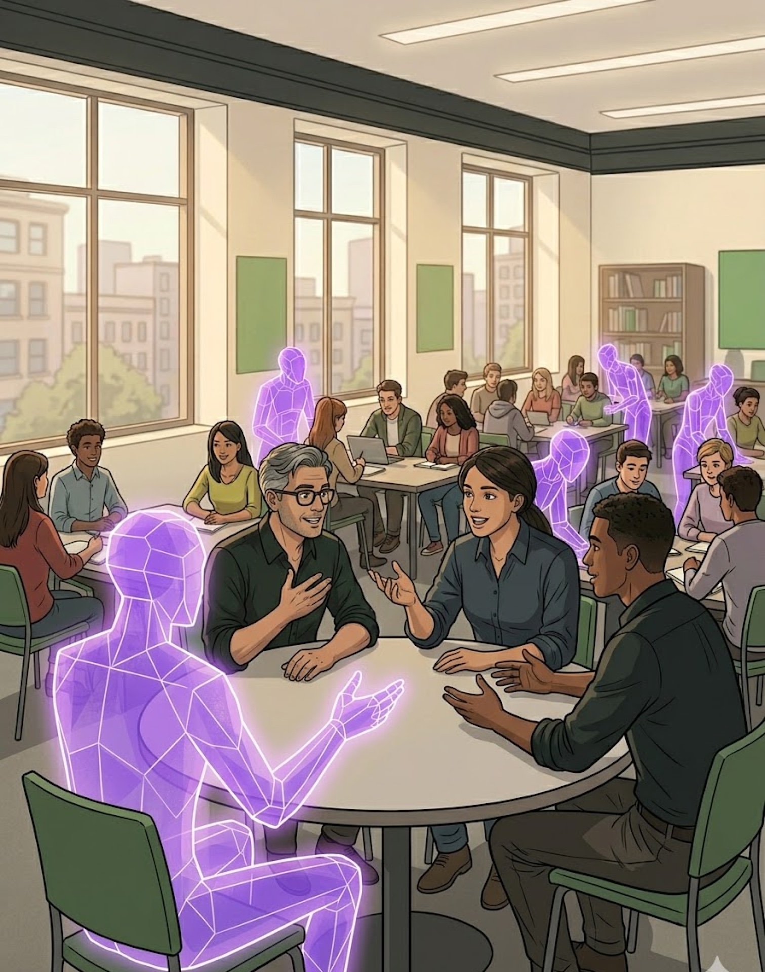 Four students in animated small-group conversation with a translucent purple-glowing AI agent positioned just outside their circle, facilitating rather than dominating