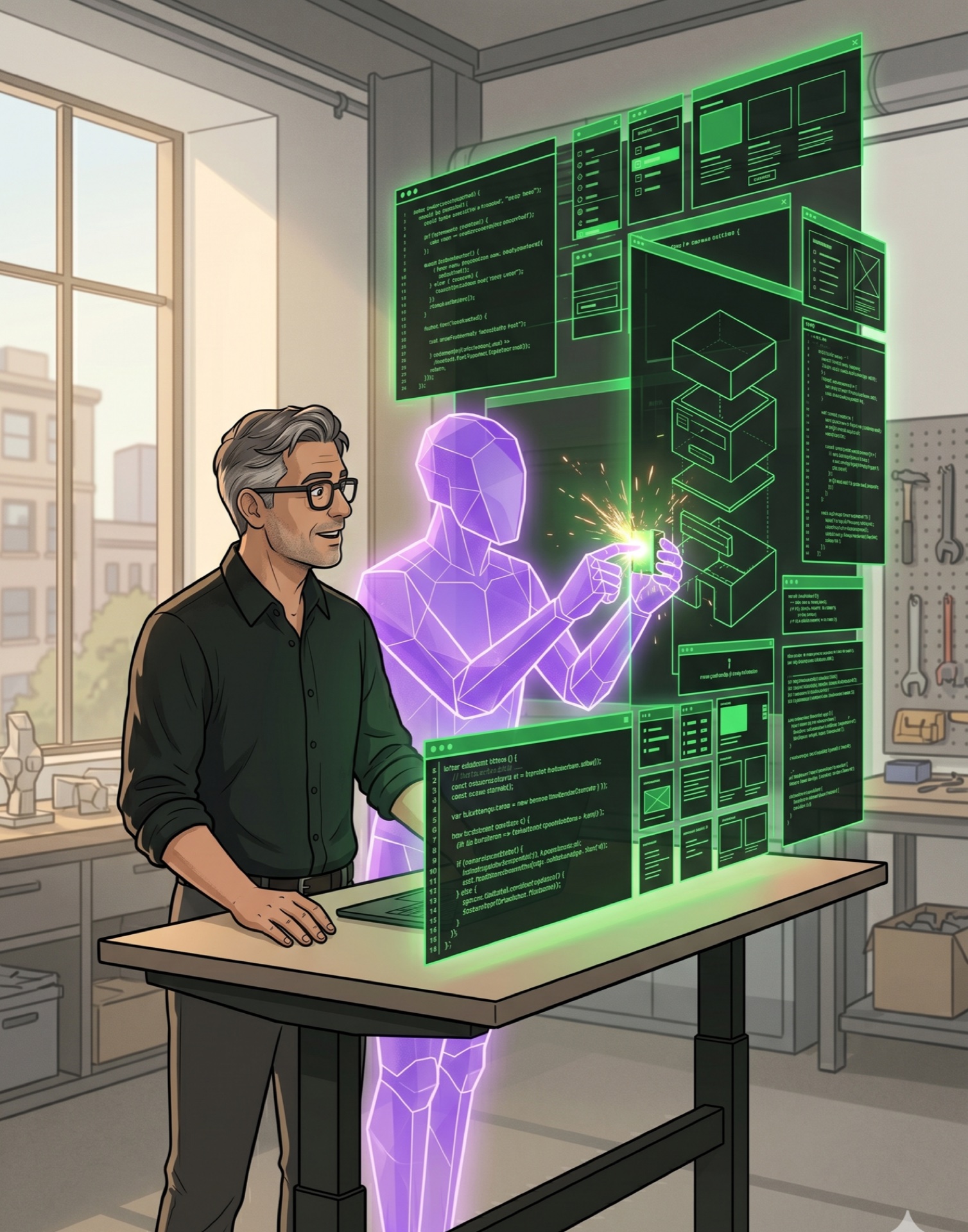 Professor building a glowing course platform alongside a purple-glowing AI entity