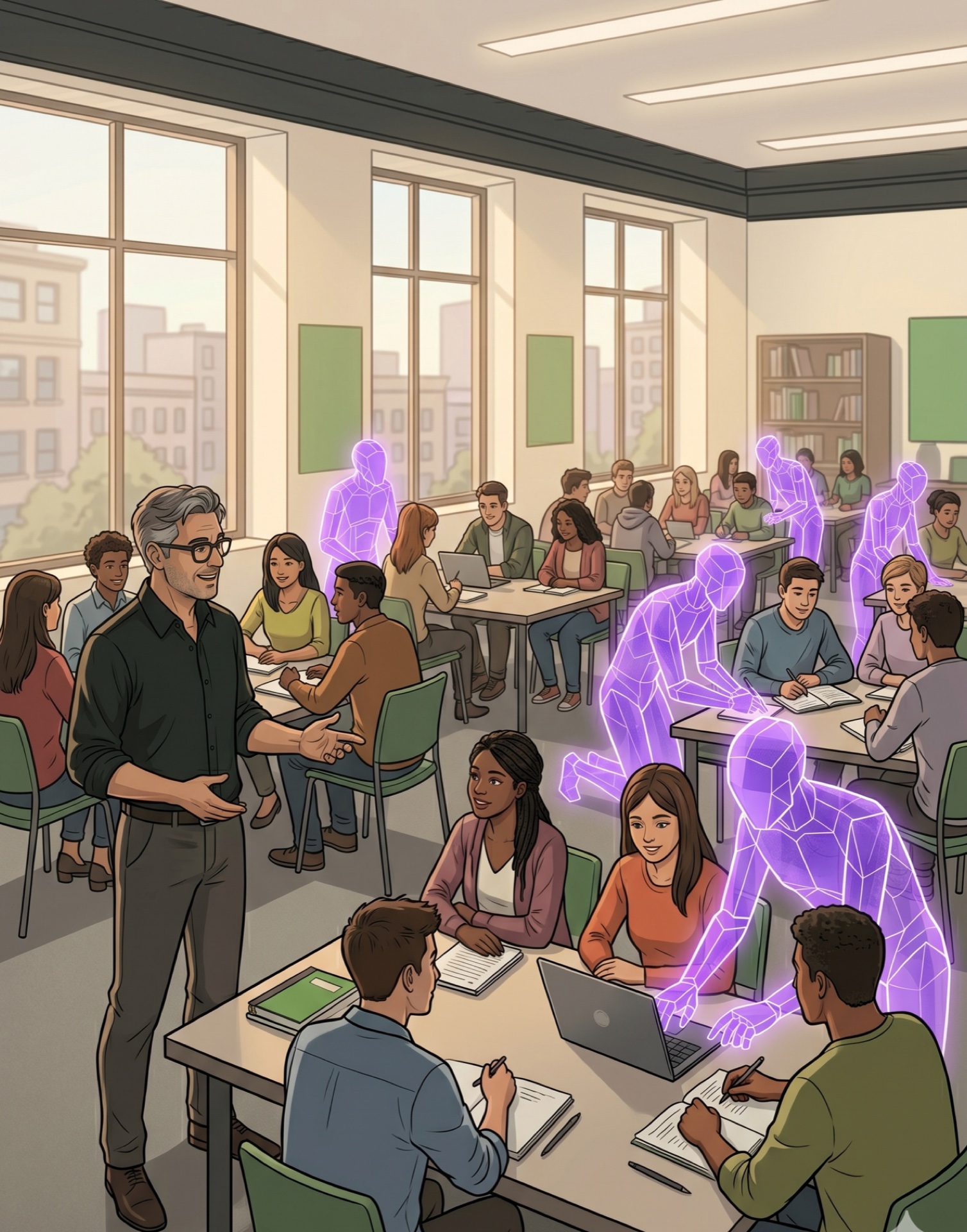 Professor teaching a classroom with a dozen purple-glowing AI agents helping individual students
