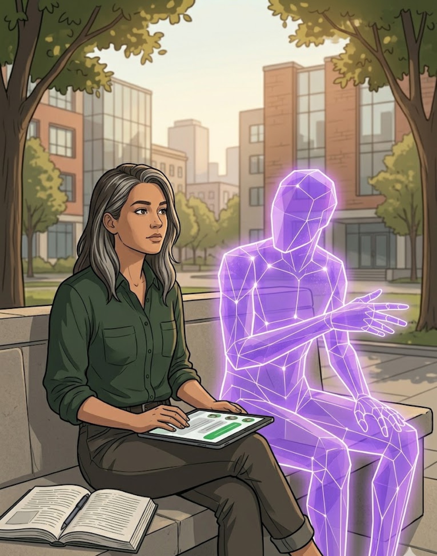 A student on a campus bench working through a reading in conversation with a translucent purple-glowing AI agent