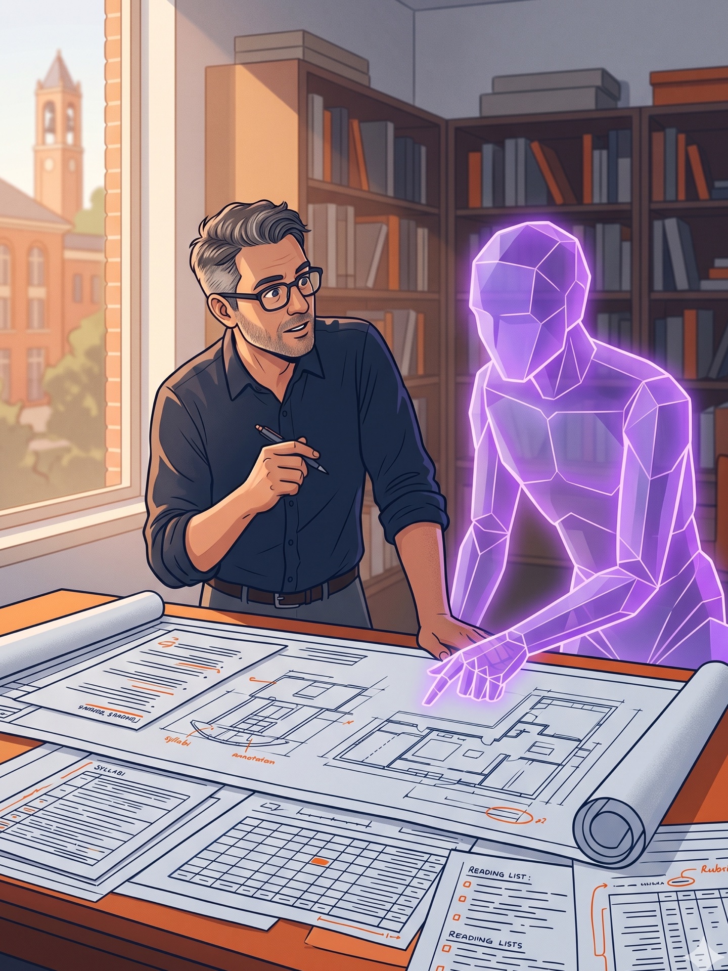 Professor consulting with a purple-glowing AI entity over architectural blueprints of course documents