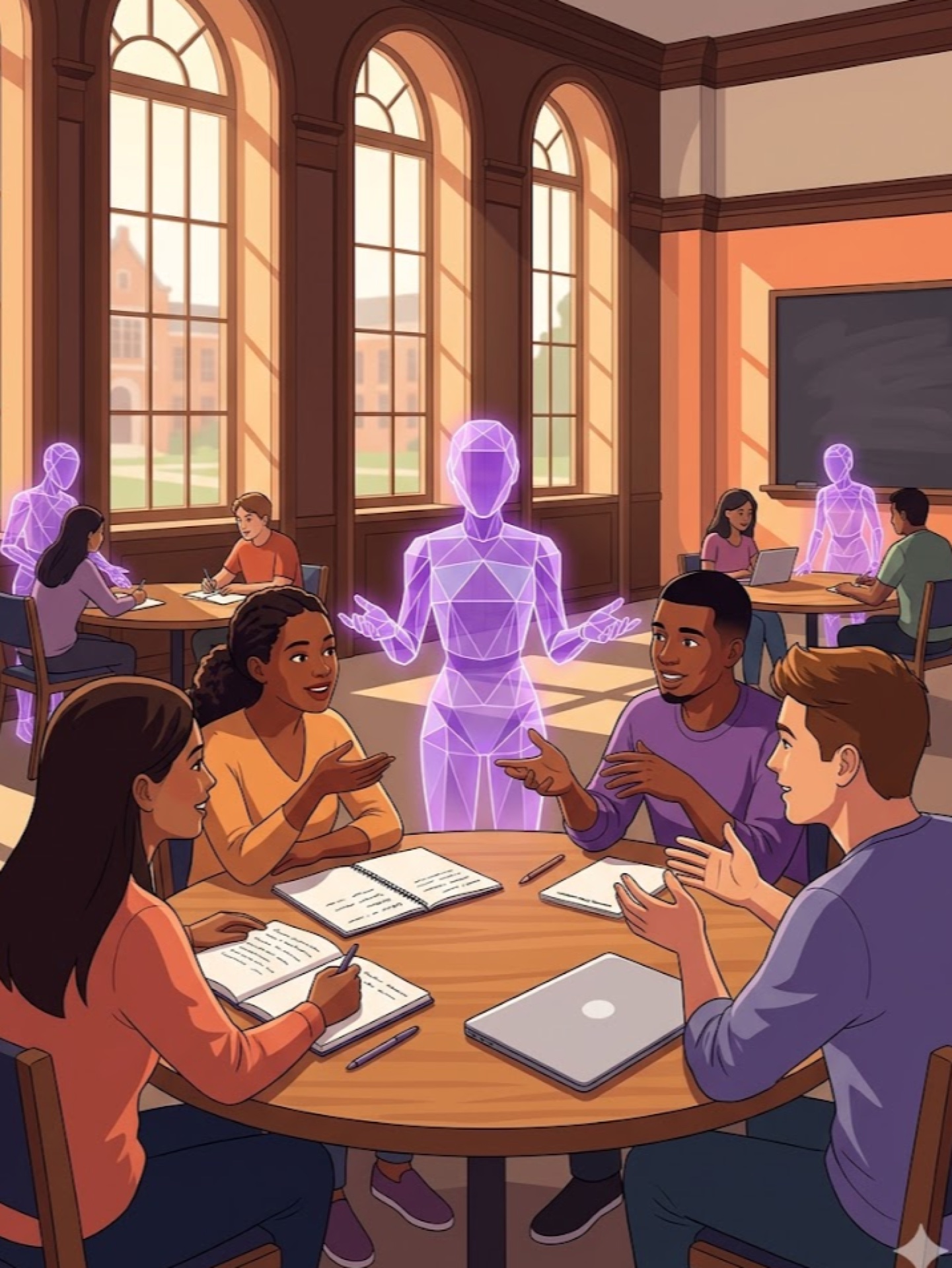 Four students in animated small-group conversation with a translucent purple-glowing AI agent positioned just outside their circle, facilitating rather than dominating
