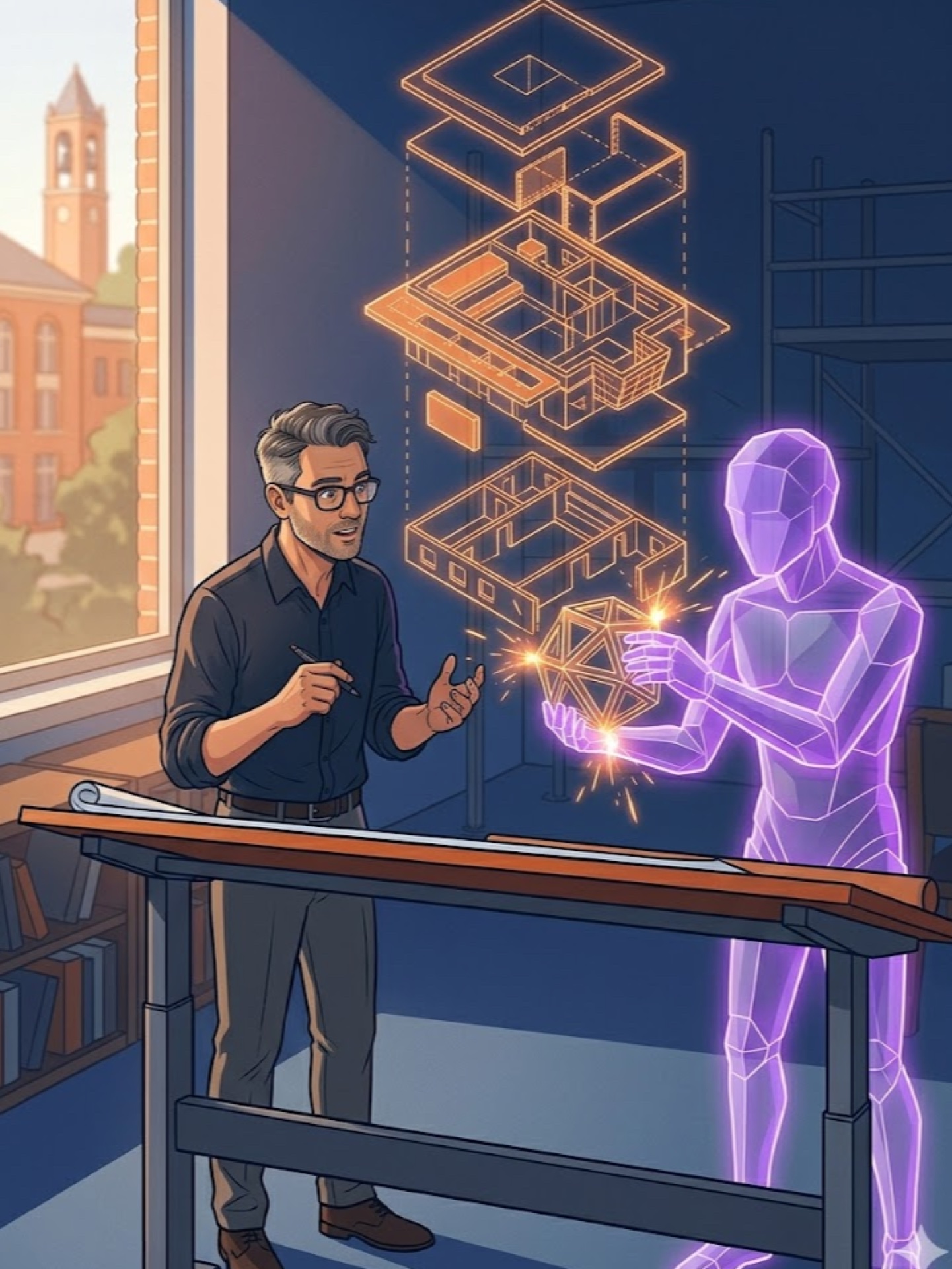Professor building a glowing course platform alongside a purple-glowing AI entity