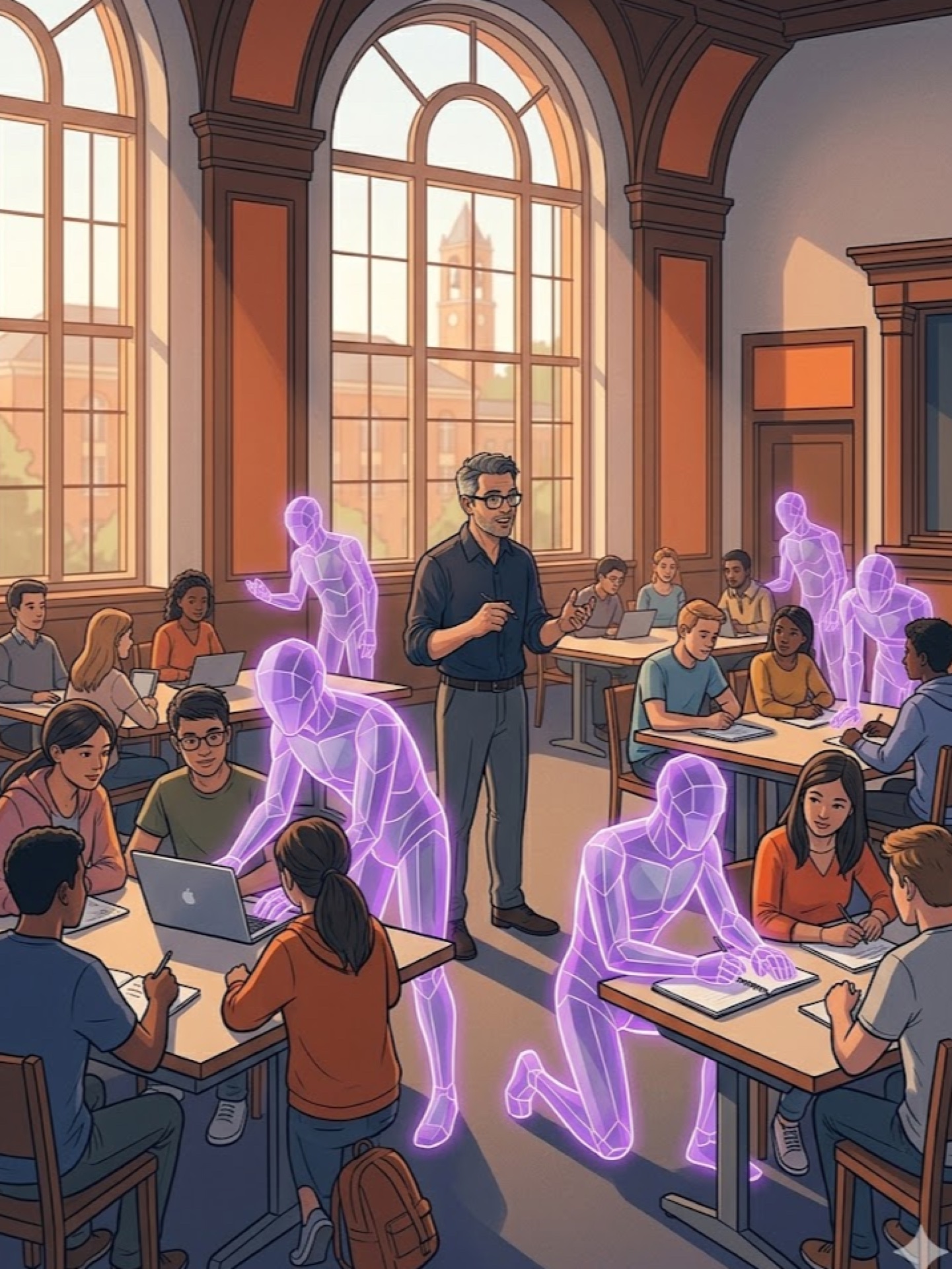 Professor teaching a classroom with a dozen purple-glowing AI agents helping individual students