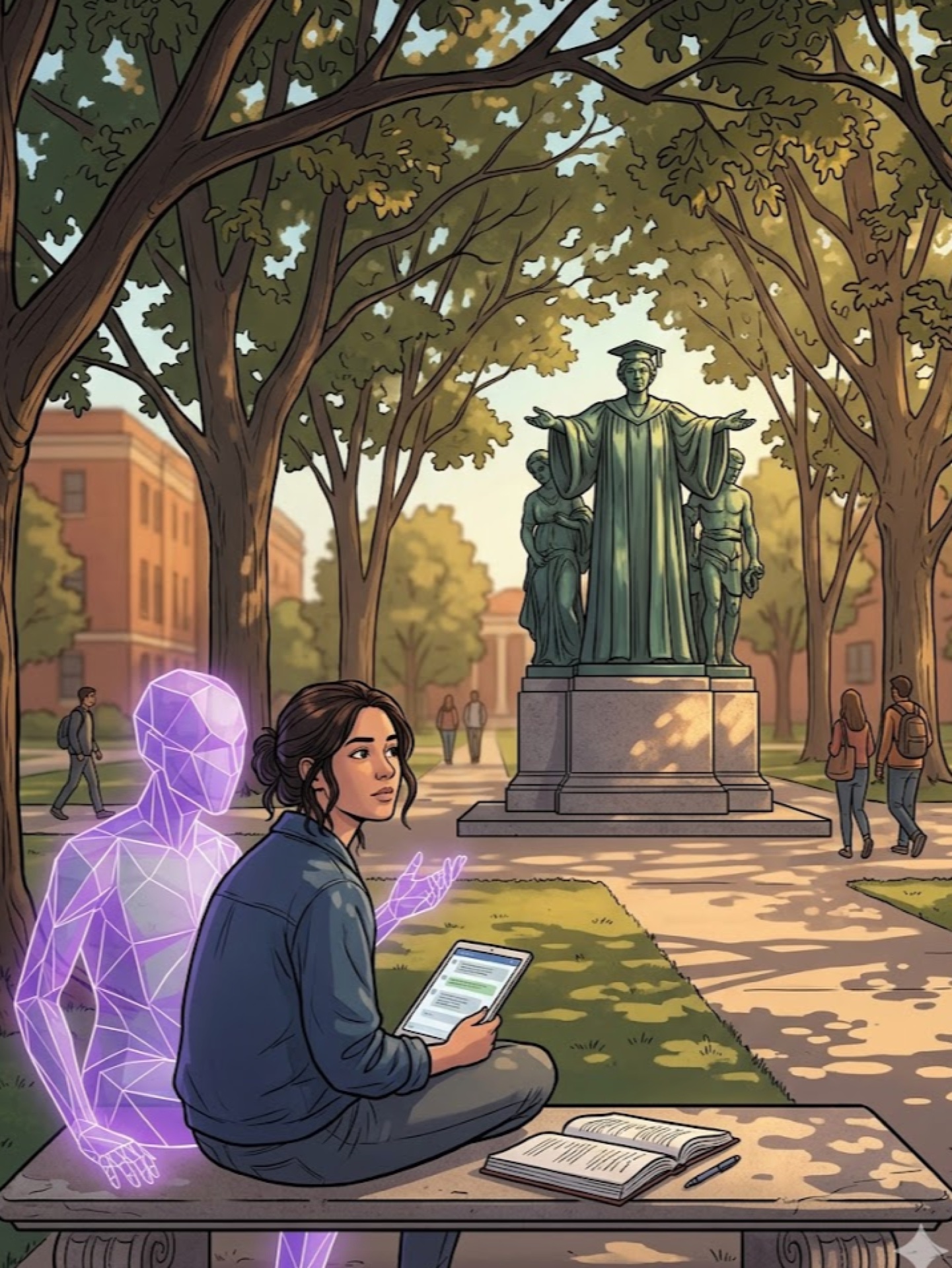 A student on a campus bench working through a reading in conversation with a translucent purple-glowing AI agent